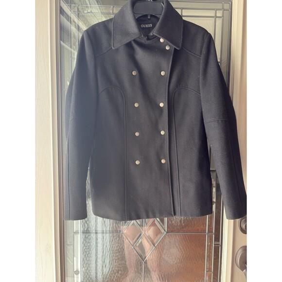 Vintage Guess Womens  SZ LG Pea Coat Double Breasted Black Wool Blend Jacket - Picture 9 of 14